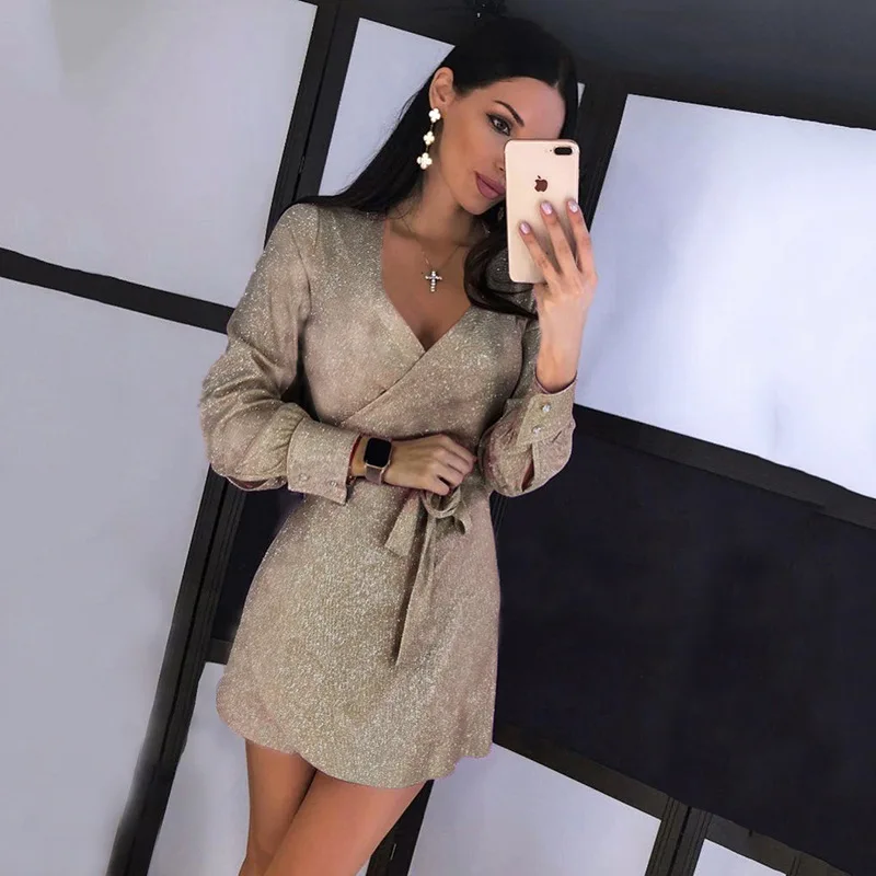 

Блестящее платье с длинным рукавом, облегающее Бандажное платье с поясом, сексуальные мини-платья, женская одежда для вечеринки на весну и з...