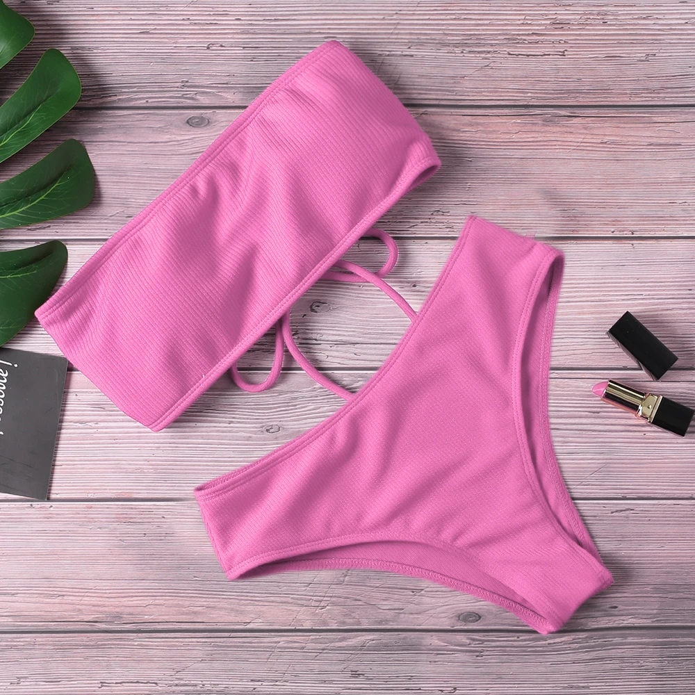 

2020 New High Waist Strapless Sexy Bikini Women Swimwear Women Padded Bathing Pure Color pink