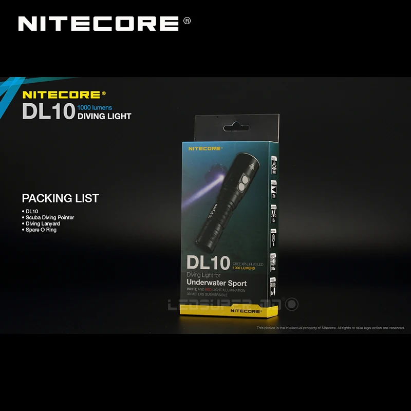 Выдерживающие погружение до 30 метров погружной Nitecore DL10 CREE XP L HI V3 светодиодный 1000