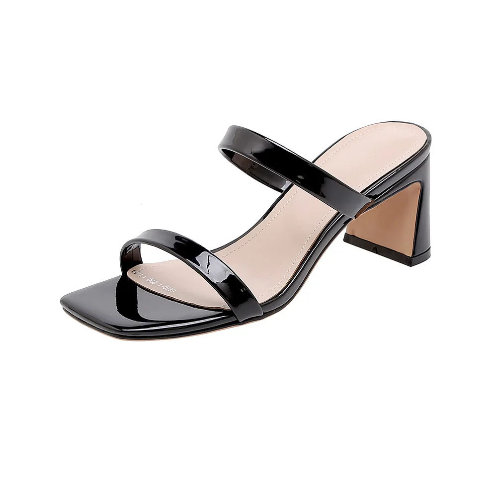 

Slippers high heel thick heel new 2021 summer one line with simple Korean elegant high heel temperament patent leather sandals