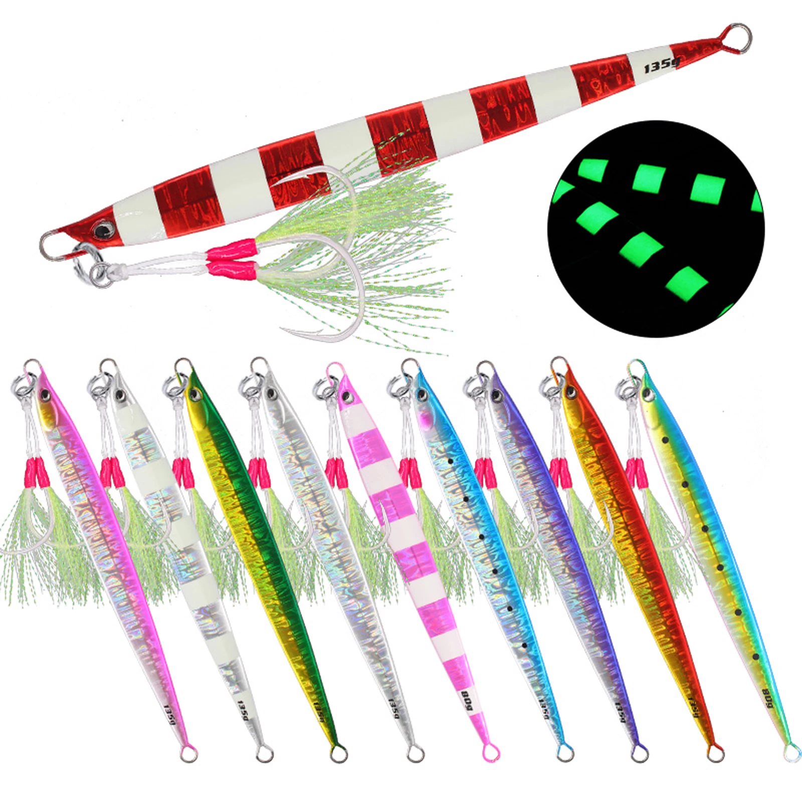 

5PCS Deep sea Fishing Glow Stripe Zebra Jigging Slow sinking Jig Hook Lure Jigbait spoon baits 80/100/135g