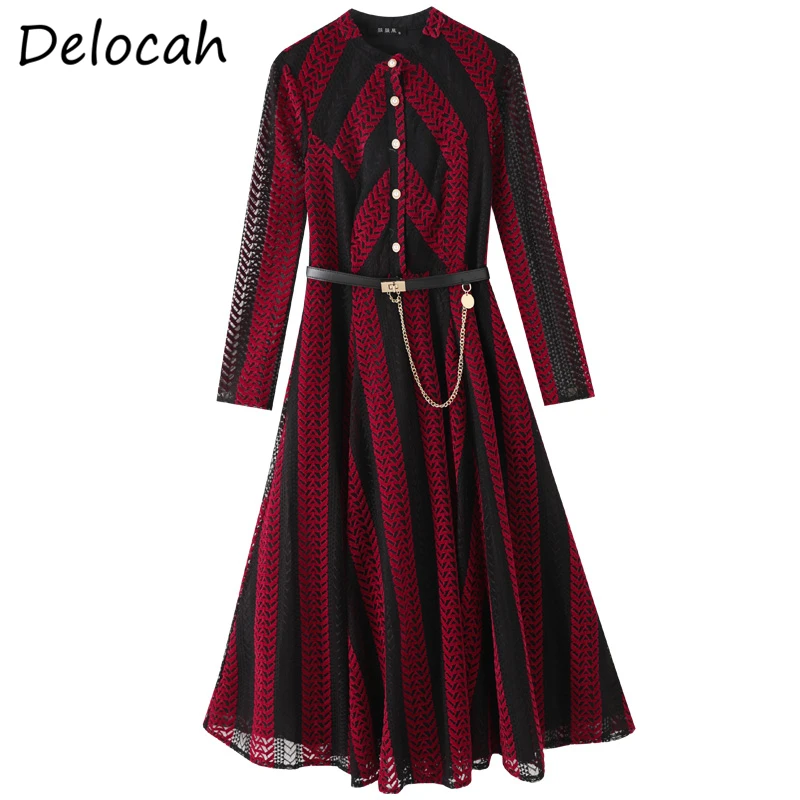 

Delocah Summer Women Fashion RunwayA-Line Dress Long Sleeve Sashes Elegant Ladies Patchwork Party Midi Dresses vestidos 2021