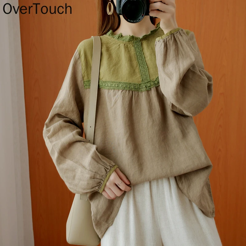 

Женская одежда, винтажная блузка, рубашка, футболка оверсайз, повседневные женские топы, туника свободного кроя, с кружевом и длинным рукаво...