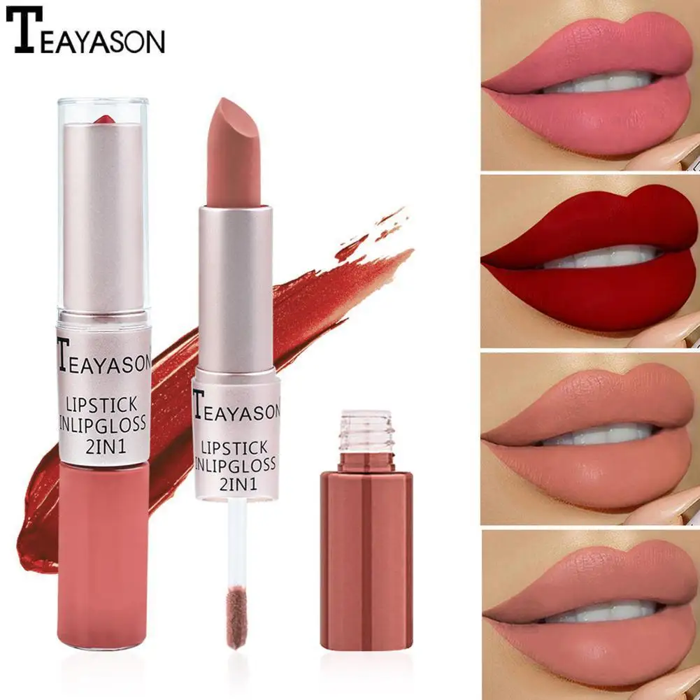 

2-in-1 Double Long Lasting Matte Bean Paste Color Lips Tint Gloss Lip Lipstick Makeup Lipgloss Liner Liquid Matte