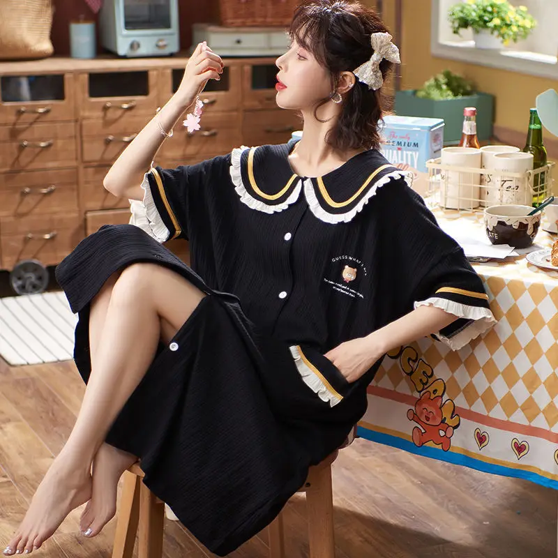 

Nightdress Room Wear for Girls Woman Sweet Cartoon Print Spring Summer Dress Long Loose Turndown Collar Homewear Nightgown