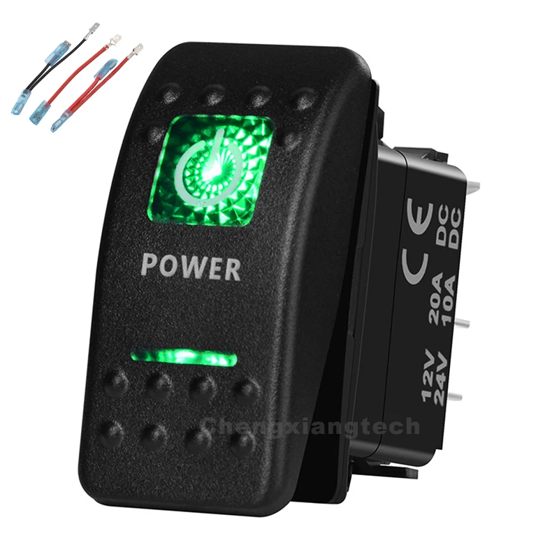 

Green Led Printed Rocker Switch Power 5P on-off SPST 12V/20A 24V/10A+Jumper Wires Set for Car Boat Trucks Waterproof