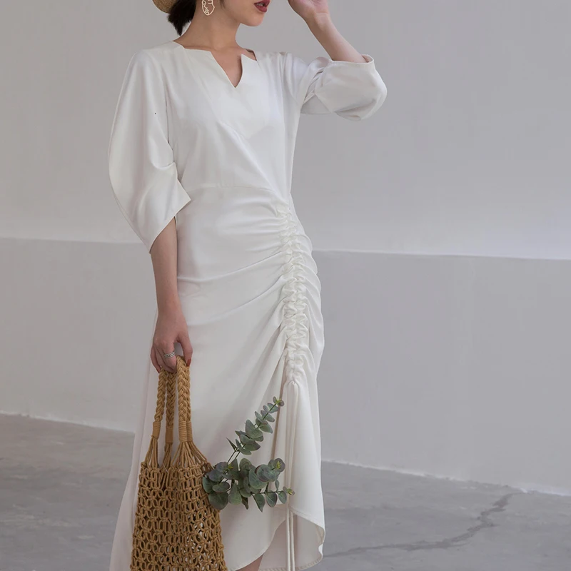 GALCAUR Drawstring Ruched женские платья три четверти рукав с высокой талией Асимметричные осенние платья Женская мода одежда