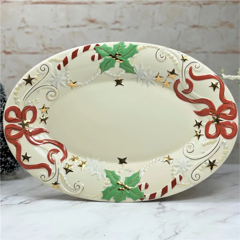 Lenox Ceramic Gold Tracing Family Christmas Plate Oval Embos