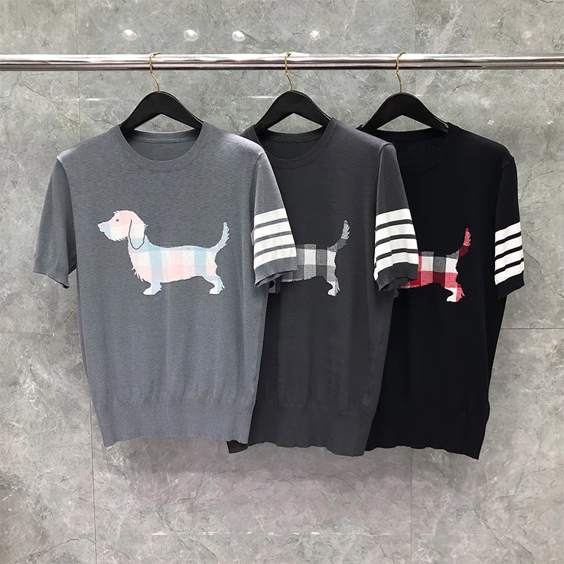 

THOM TB T-Shirt Fashion Brand Clothing Puppy Designs Engineered 4-Bar Stripe Crew Neck Knitted Short Sleeve Sweatshirt
