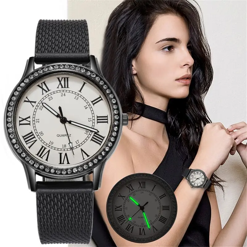 

Casual Women Roman Numerals Diamond Luminous Wrist Watch Simple Jewelry Femme
