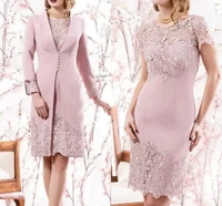 2022 pink two piece mother of the bride dress elegant jewel knee length lace satin short sleeve guest party gowns robe de soiree