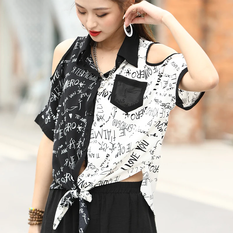 

Max LuLu Summer British 2021 New Streetwear Women Off Shoulder Blouses Ladies Black White Printed Shirts Girls Tops Plus Size
