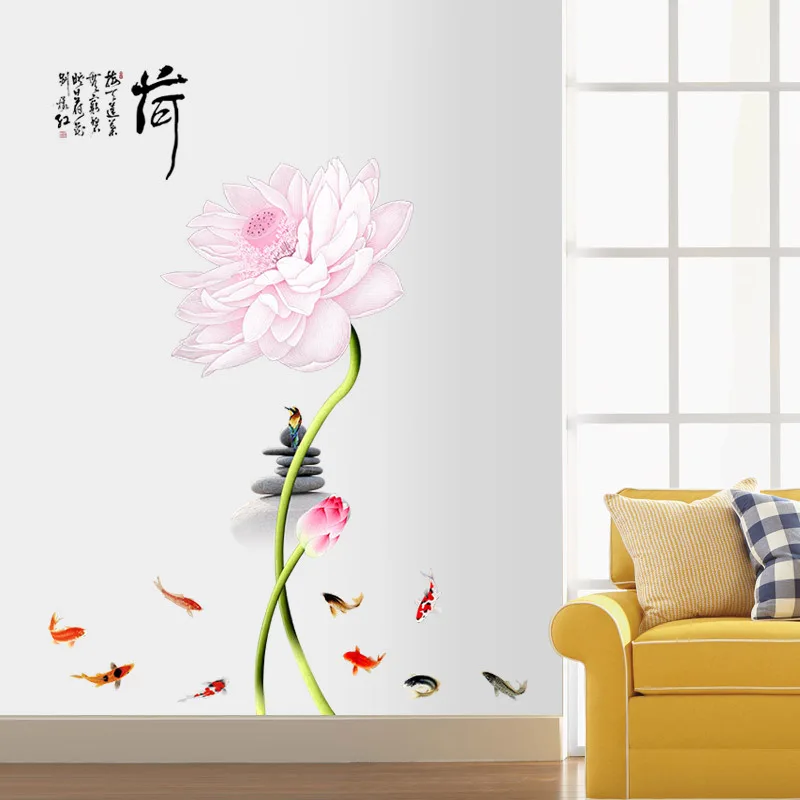 

Chinese Style Lotus Wall Stickers Pink Flower Stickers Home Decor for Living Room Bedroom Wall Decal Vinyl Self Adhesive Mural