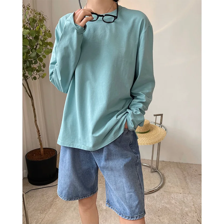 

Summer New Cool Mint Cotton Korean Round Neck Long Sleeve T-Shirt Loose Sunscreen Top