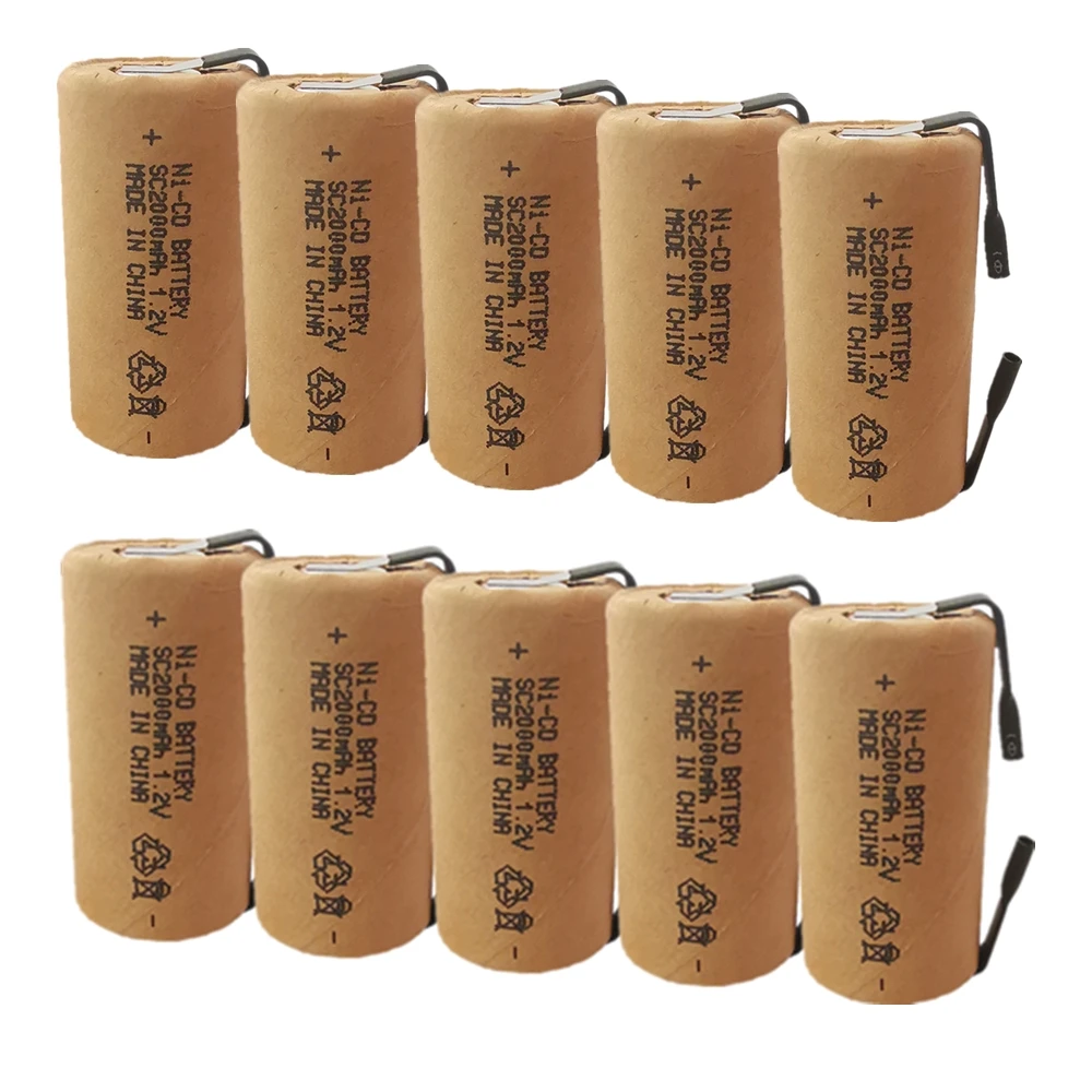 Никель кадмиевый аккумулятор высокой мощности SC2000mAh с вкладками, 10 шт., никель кадмиевый аккумулятор Sub C 10C 1,2 V для электроинструментов, электрической дрели