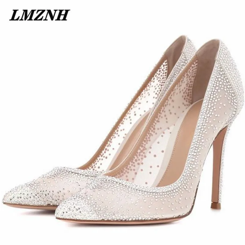 

2021 New Mature Mixed Colors Woman High Heels Rhinestone Shallow Mesh Sexy Woman Pumps Outdoor Party Wedding Brand Women Shoes
