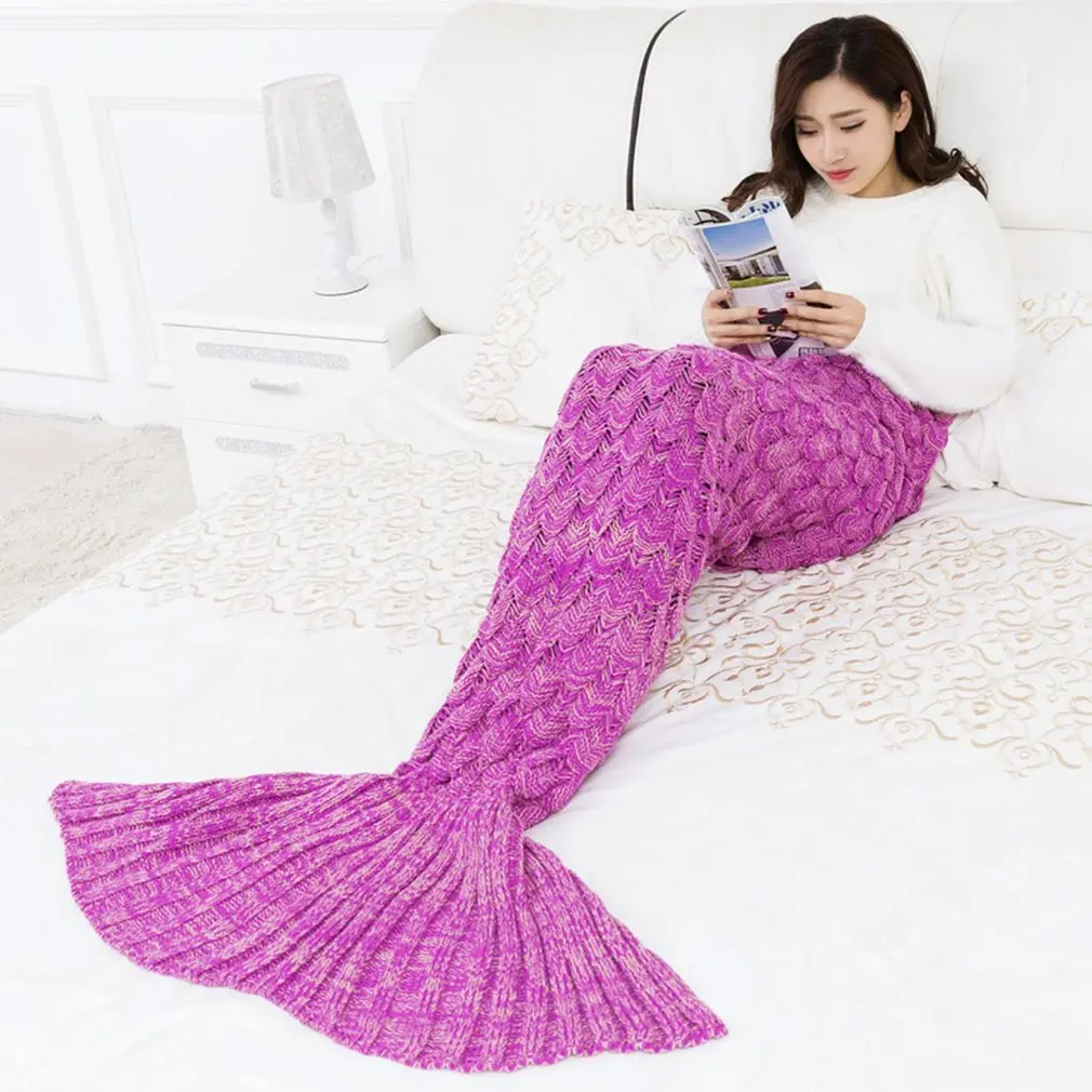 9 Colors Mermaid Blanket Handmade Knitted Sleeping Wrap TV Sofa Tail Kids Adult Baby crocheted bag Bedding Throws | Дом и сад