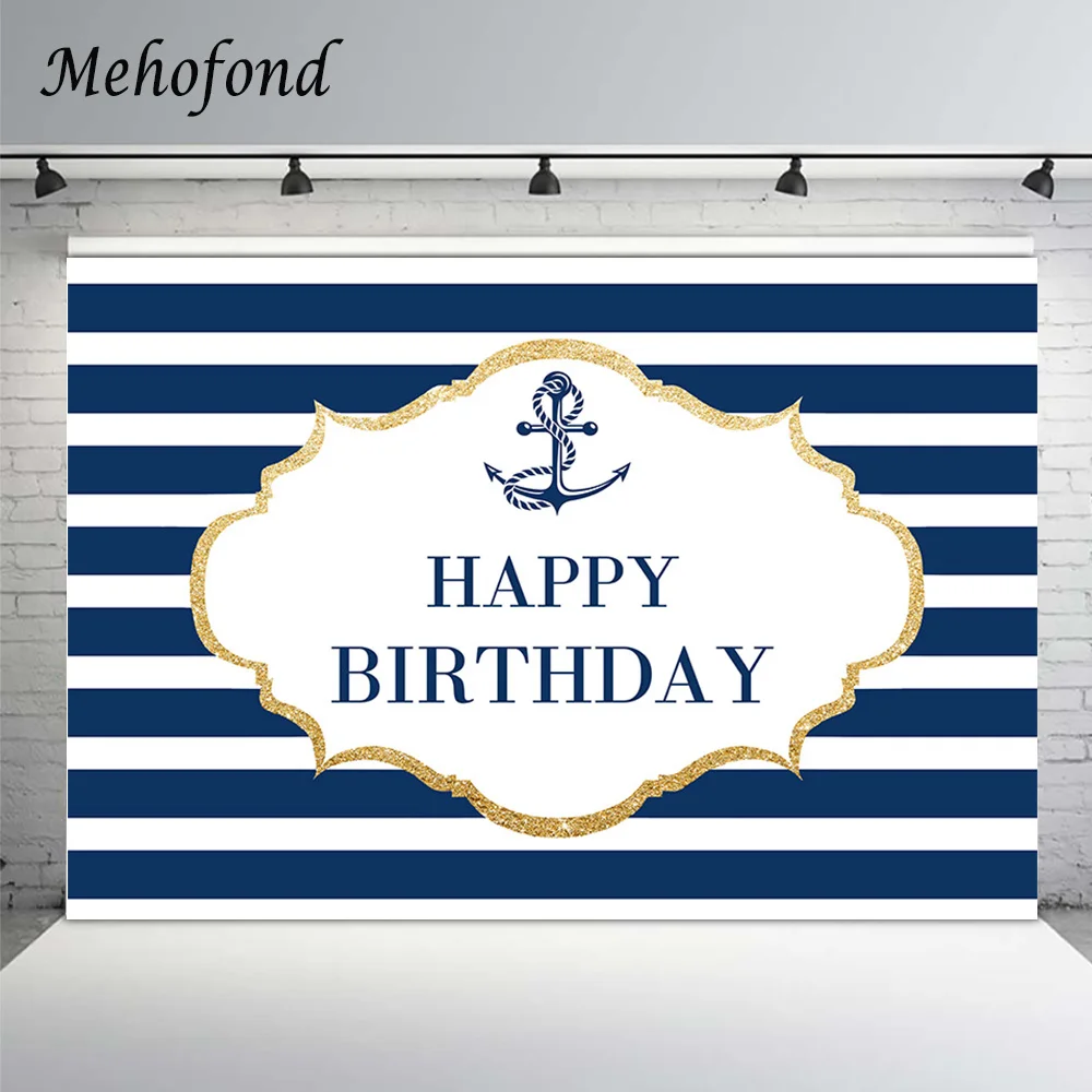 Mehofond Sailor Birthday Party Decoration Backdrop Navy Blue White Stripe Boy Customize Photography Background Photo Studio Prop