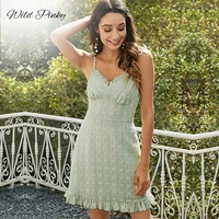 wildpinky elegant v neck suspender green dress for women casual solid high waist ruffled a line summer dresses lace up vestidos