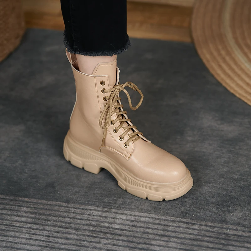 Murah Sepatu Untuk Wanita Sepatu Bot Kulit Asli Sepatu Bot Pergelangan Kaki Berenda Ritsleting Wanita Sepatu Bot Platform Modis Ujung Bundar Sepatu Musim Dingin 2021