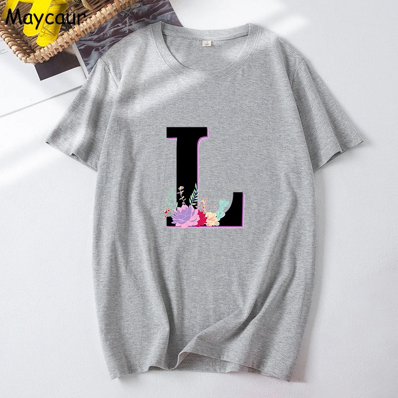 

Summer 26 English Alphabet With Succulents Print Cotton T shirt Fashion Harajuku Casual Tops Unisex Graphic Aesthetics T-Shirt