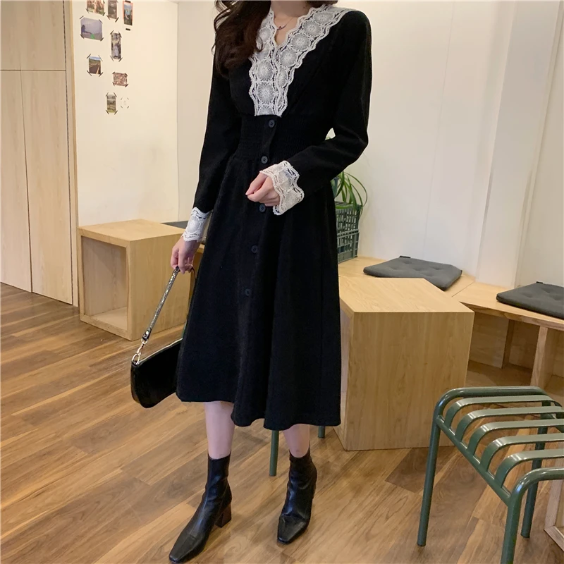 Винтажное милое женское платье осень 2020 повседневное с v образным вырезом