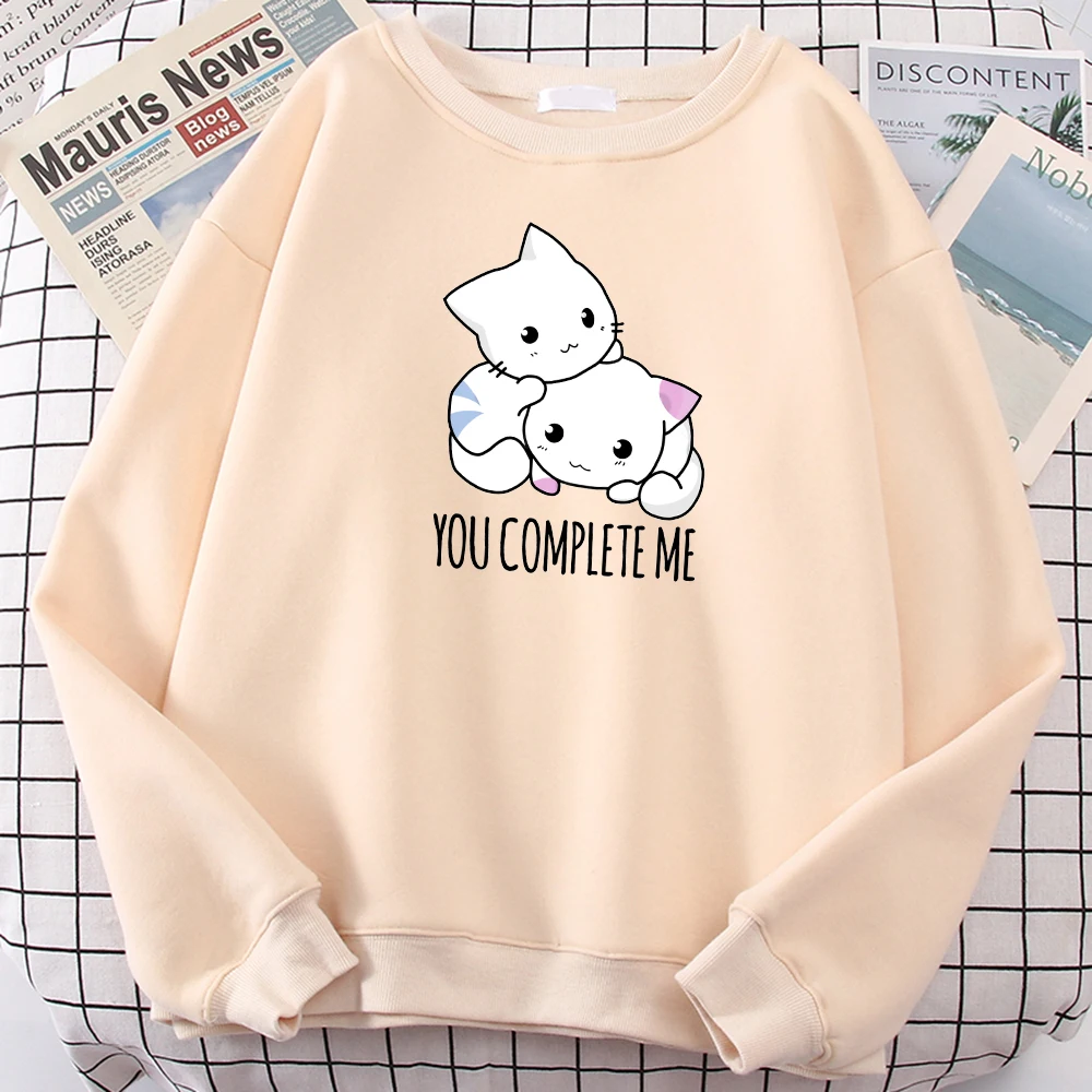 

Woman Hoodie You Complete Me Two Cats Cartoon Printing Moletom Women'S Casual Round Neck Warm Fleece Women Hoody 1Pc Custom Made