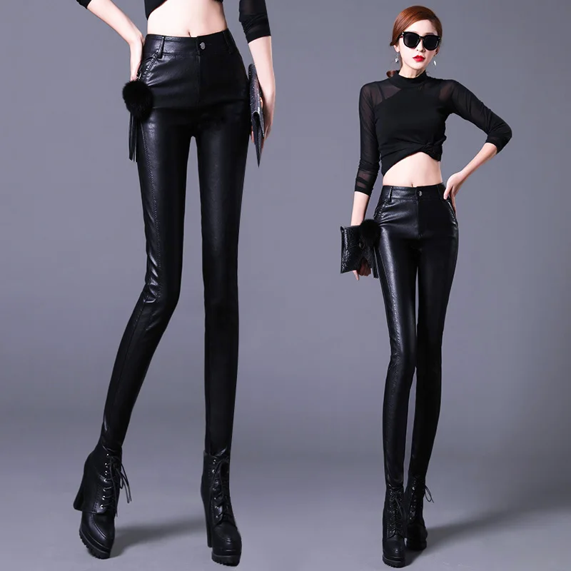 

2020 outer wear leggings women's tight matte PU leather pants high waist slimming feet velvet thickening pant KZ525