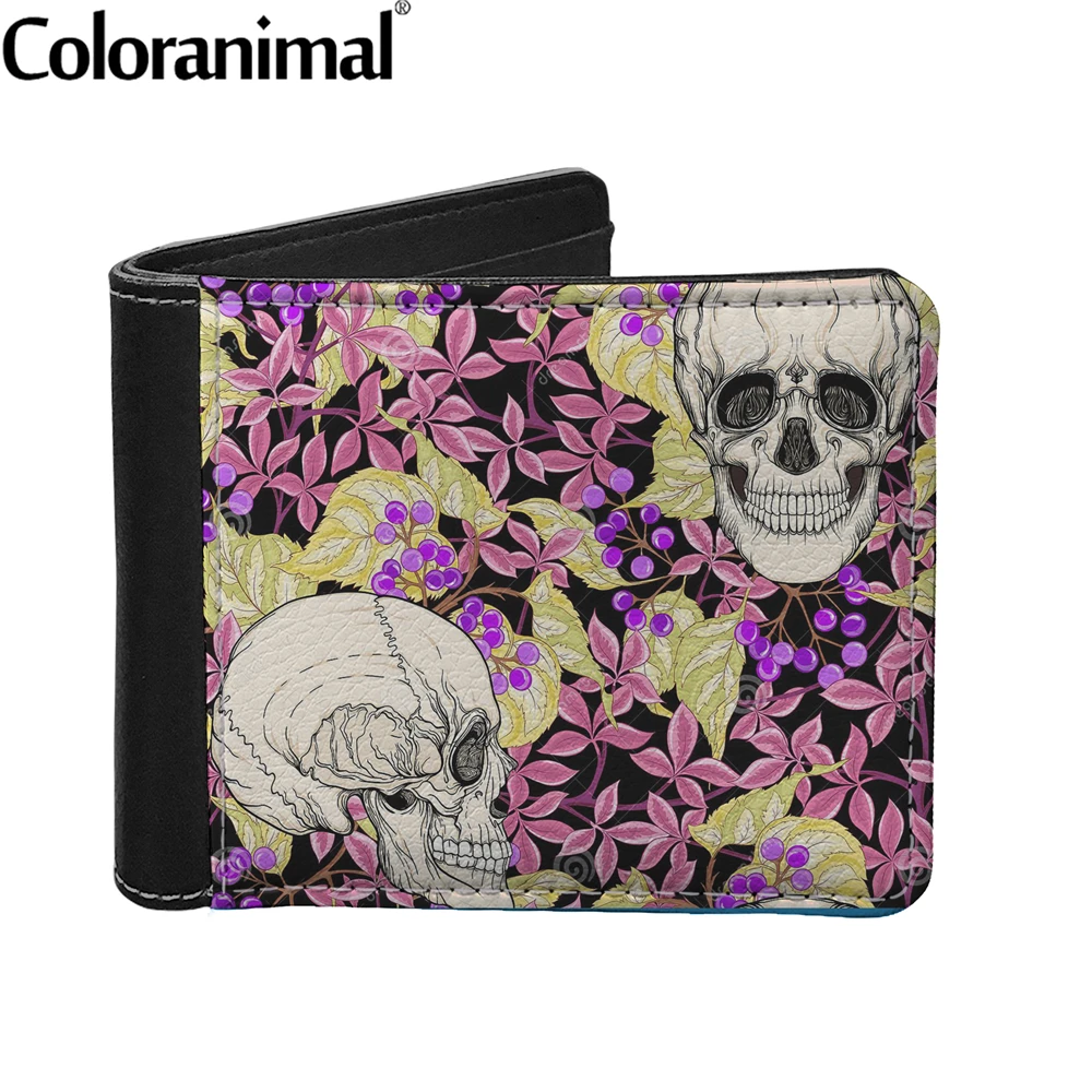 

Coloranimal Pretty Floral Sugar Skull Cartoon Pattern Short Wallet for Men Daily Multi-Card Bag Horizontal Soft Male Money Bosla