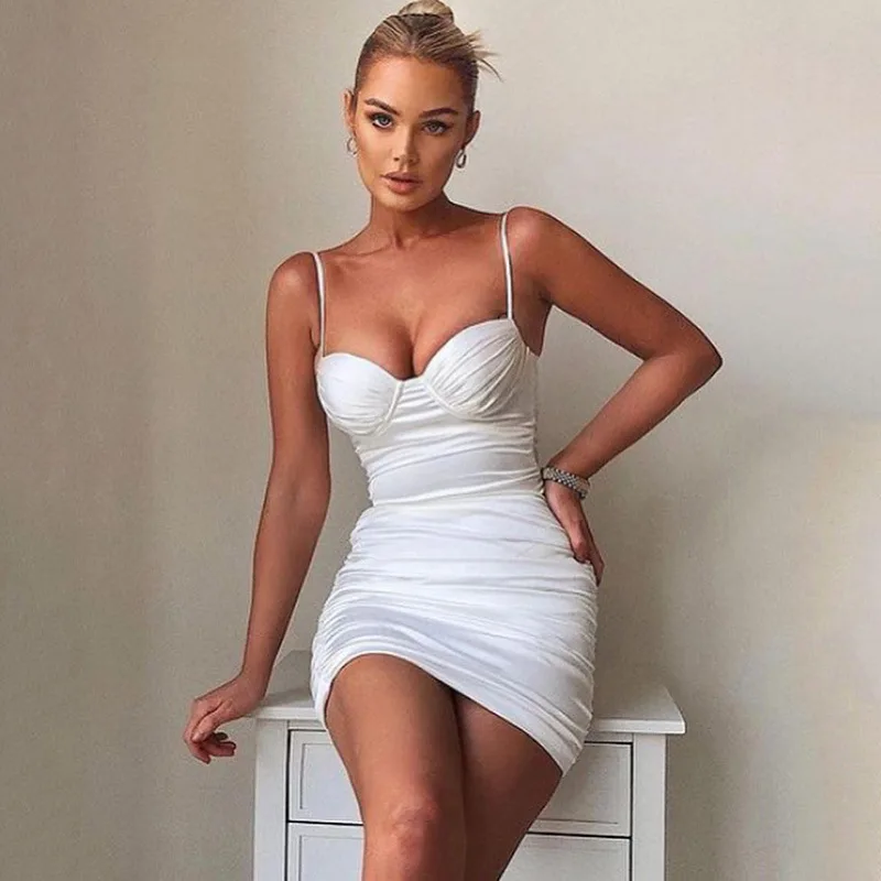 

Summer Women's Spaghetti Strap Mini Dresses Sexy Slim Package Hips Push Up Pleating Pencil Dress 2021