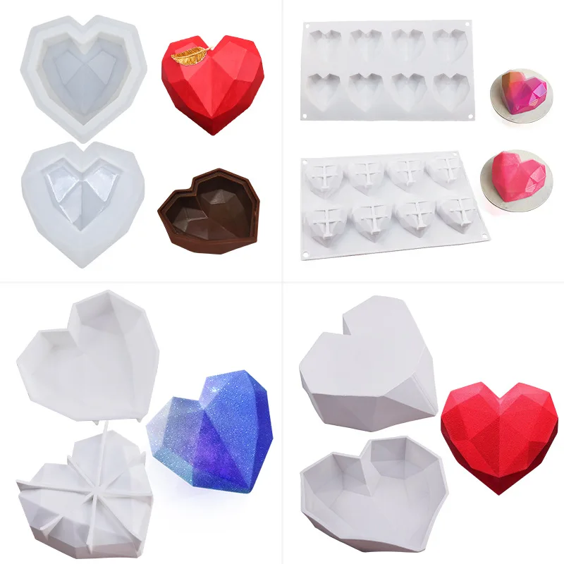 

8-Cavity Diamond Love Heart-Shaped Silicone Molds for Sponge Cakes Mousse Chocolate Dessert Bakeware Pastry Mould