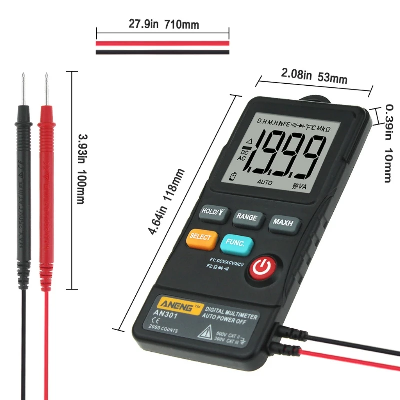 

AN301 Digital Multimeter Tester Voltmeter for w/ NCV for AC/for DC Voltage Test Diode Resistance Meter LED Lighting Used for Wo