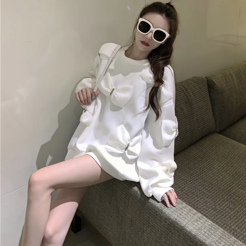 

Female Long Sleeve Solid Color Korean Sweatshirt Women Sweet Rhinestone Bow Cotton Loose and Thin Fall Winter White Pullovers