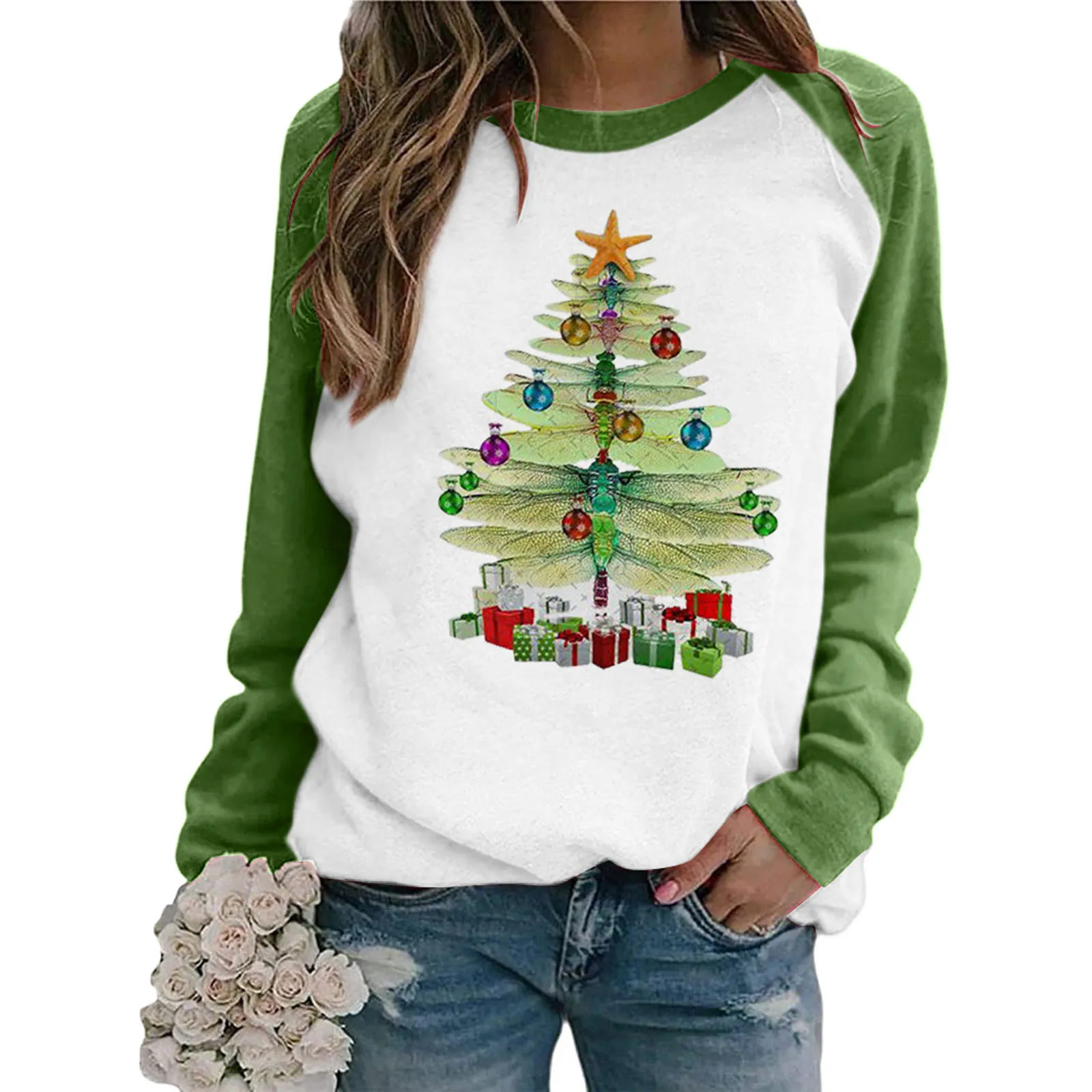 2021 Sweatshirt Women Cat Christmas Tree Dragonfly Christmas Tree Print Raglan Long Sleeve Sweatshirt Pullover Top Blouse #dz