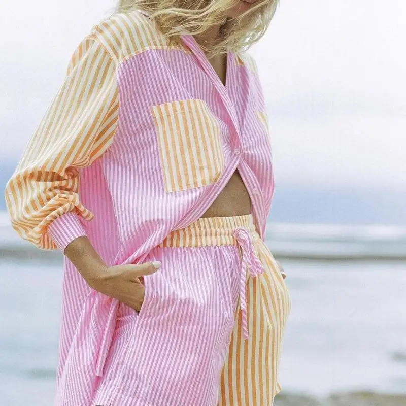 

Fashion Striped Cotton Two Piece Set Women Long Blouse Sets Print Shorts Tops Striped High With Waist Casual Holiday Shirt D4D4