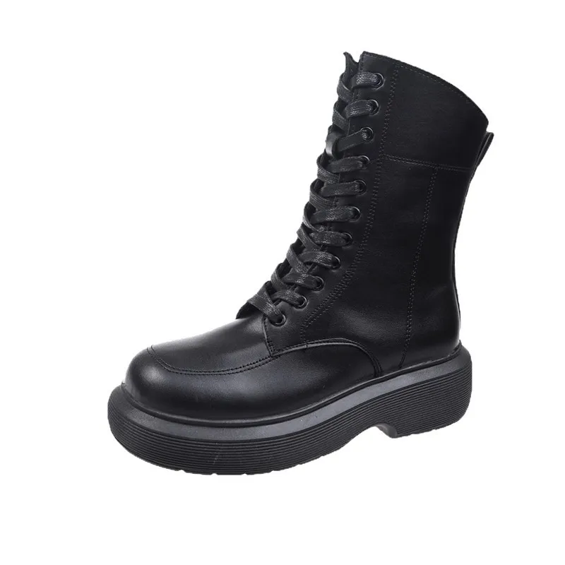 2021 New Winter Leather Women's Boots Fur Warm Boots Snow Boots Lace-up Platform Boots Black Motorcycle Boots Shoes