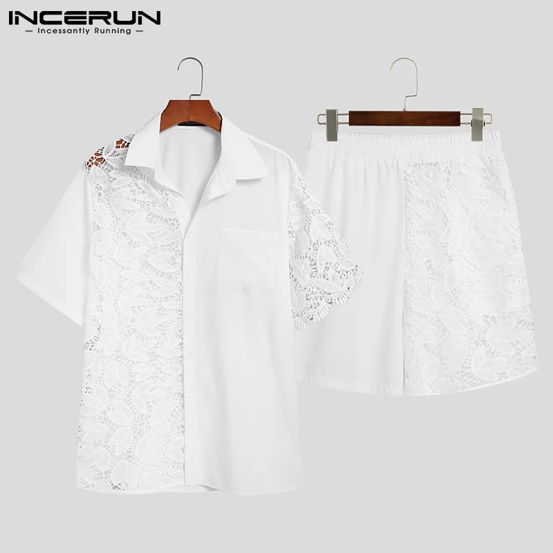 

Костюм INCERUN мужской с кружевной вставкой, прозрачная уличная одежда, рубашка с отложным воротником и короткими рукавами и шорты, повседневн...
