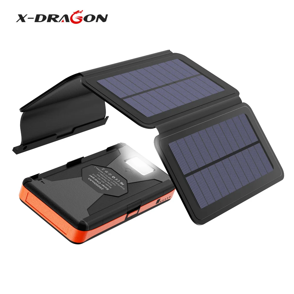 X-DRAGON 25000mAh Solar Power Bank Dual USB Outputs &amp Inputs with 4 Panels LED Flashlight External Battery for Smartphone | Мобильные