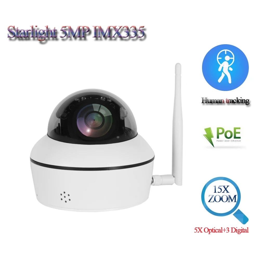 

Metal House 5MP H.265 Mini PTZ POE Dome Camera IP66 Outdoor Wifi CCTV Network Camera 5X Zoom Autofocal Lens Two-way Audio RTSP