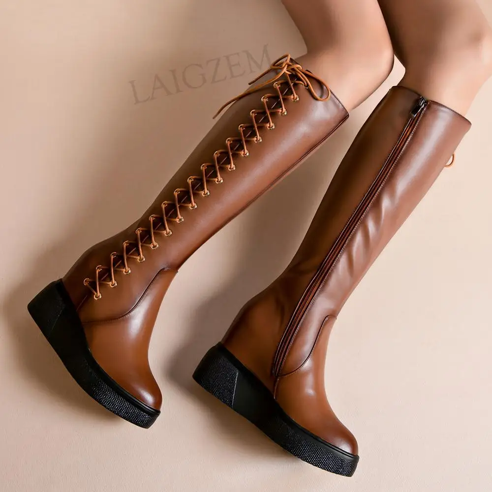 LAIGZEM женские сапоги до колена Женские ботинки из натуральной кожи на молнии обувь