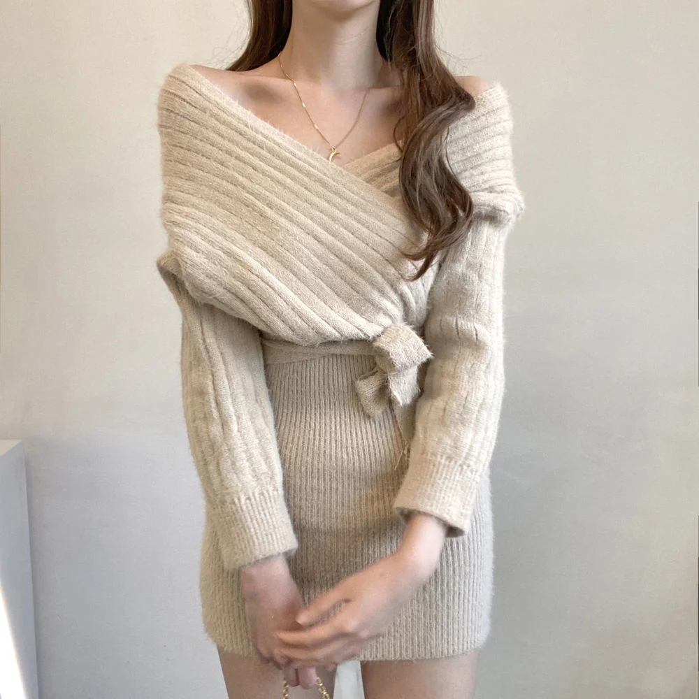 Korean Chic Autumn Cross V-neck Drop-Shoulder Long-Sleeve Lace-up Waist-Controlled Sweater Miniskirt Dress | Женская одежда