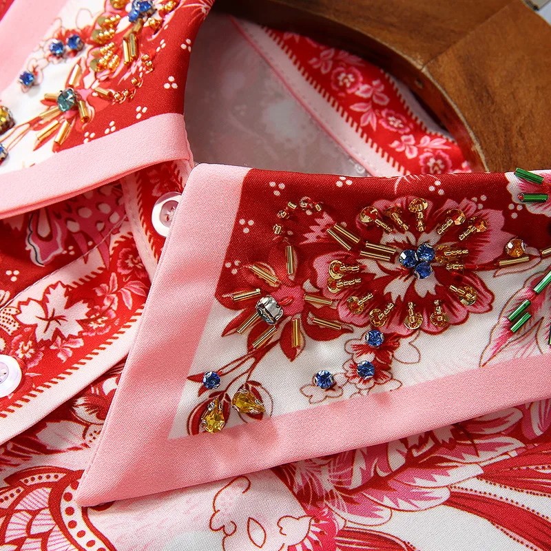 

European and American women's clothes spring 2020 new style Long sleeve beaded lapel retro print Fashion single-breasted dress