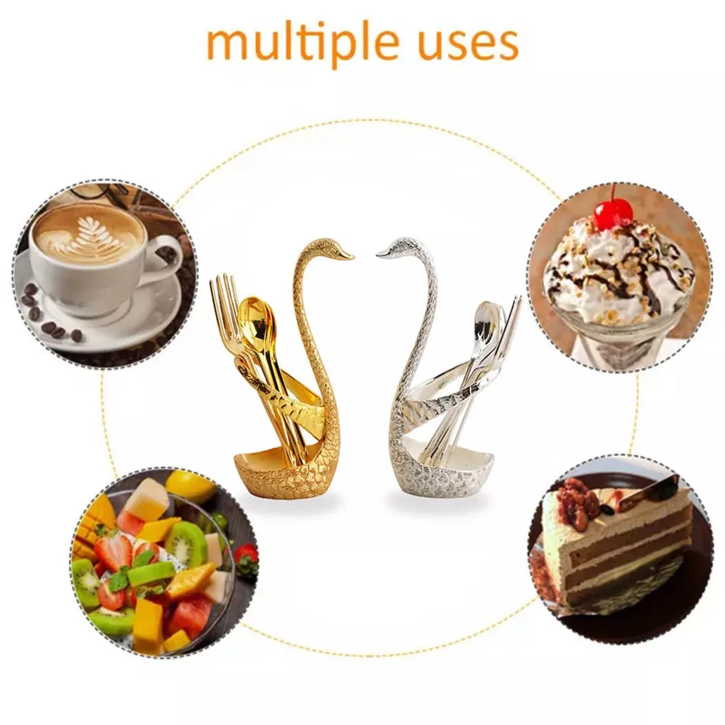 

7Pcs Swan Fruit Base Holder Spoon Set Salad Dessert Coffee Cake Tableware Delicate Gift Kitchen Decor Flatware Spoon Fork Set