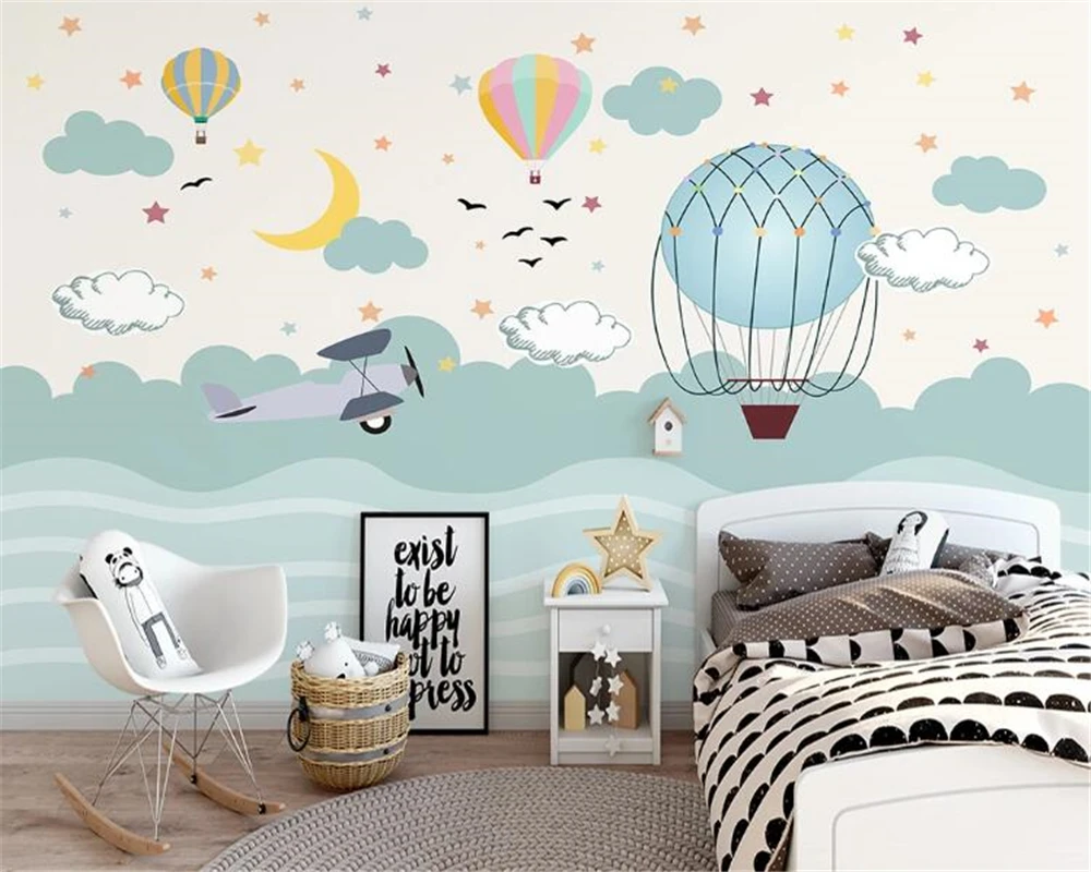 Custom wallpaper photo Nordic hand-painted cartoon hot air balloon starry sky children's room background wall mural 3d | Обустройство