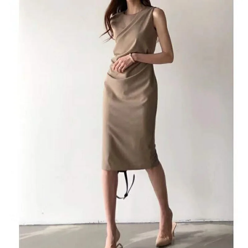 

Solid Color Women Summer Dress Cotton O-Neck Slim Sleeveless Dress Temperament Casual Office Lady Buttock Dress Vestidos 13952