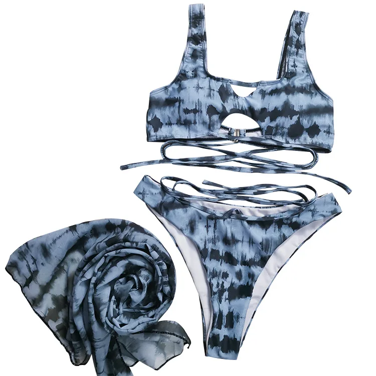

2021 New Tie-Dye Printed Cross Strap Chiffon Three-Piece Sexy Split Bikini