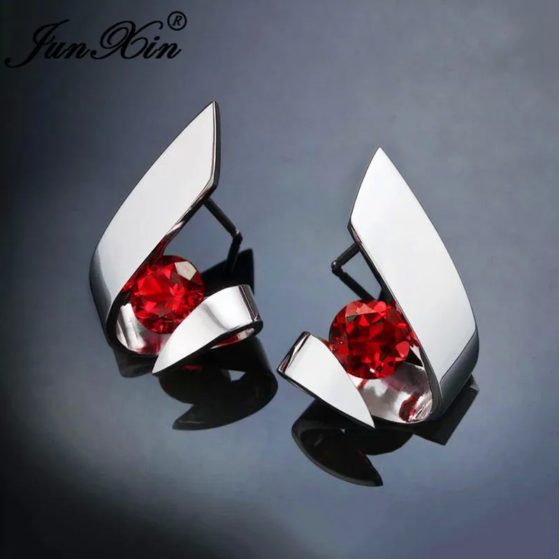 Red Earrings Irregular Purple Blue White Yellow Crystal Geometric Stud Earrings For Women 925 Silver Color Round Zircon Stone Earring Jewelry - Metal Color: Red Earrings