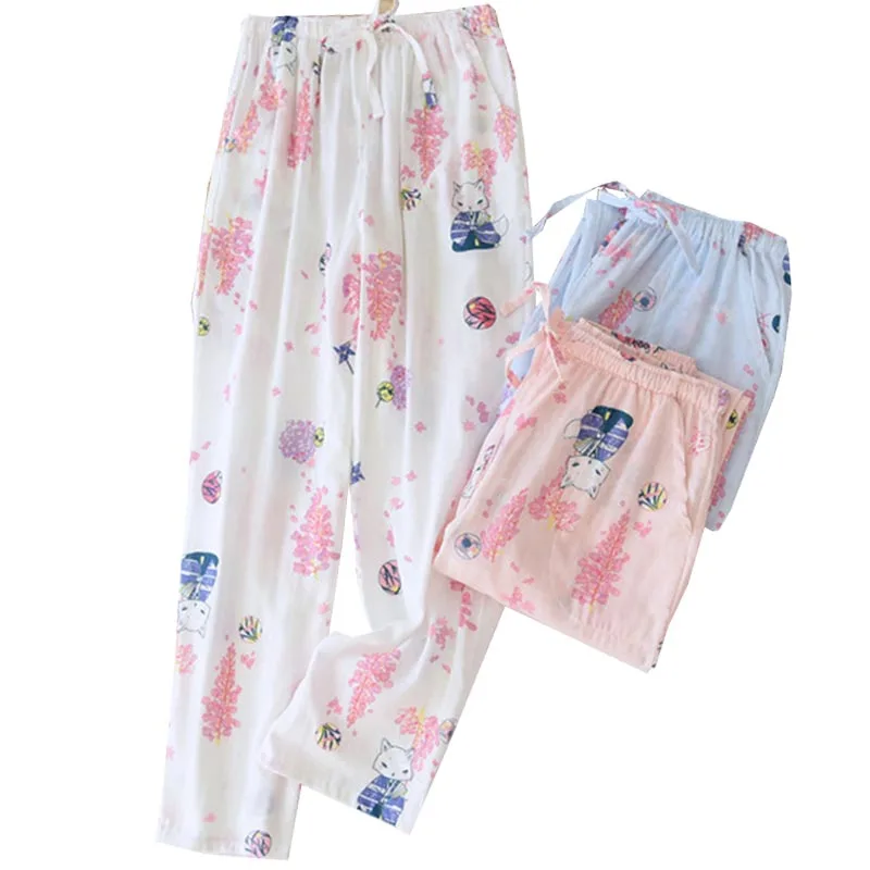 

2021 Summer Spring Ladies Soft Loose Gauze Cotton Sleep Bottoms Loose Thin Elastic Waist Floral Household Pants Women For Autumn