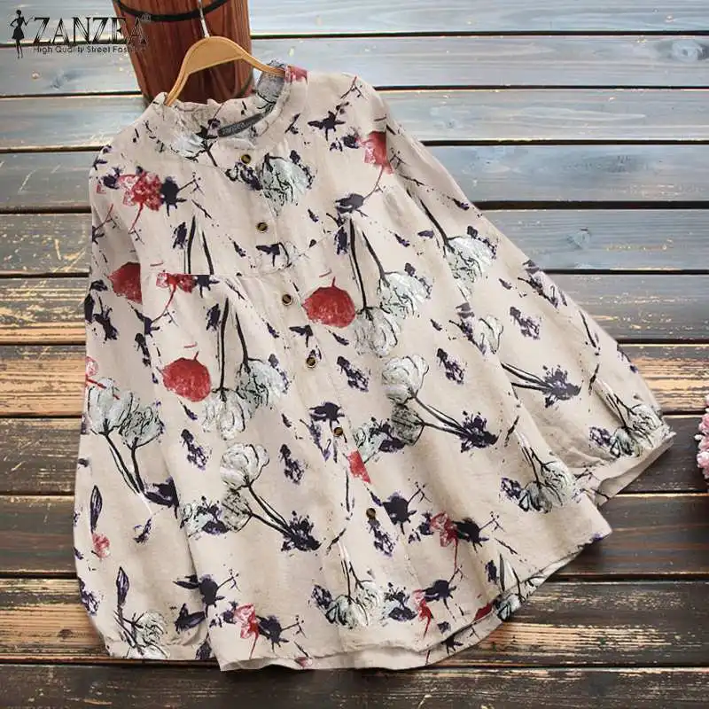 

Богемные Стильные повседневные Элегантные свободные рабочие Топы 2021 ZANZEA Осенняя женская блузка с пышными рукавами и круглым вырезом с цвет...