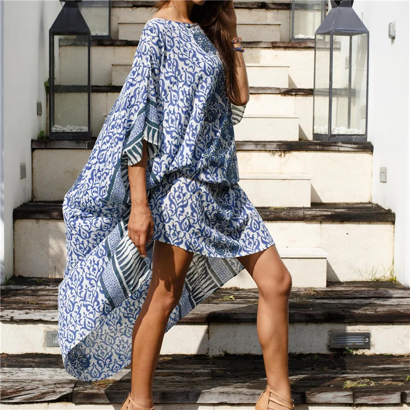 Женское длинное платье туника из хлопка голубое повседневное макси с рукавами